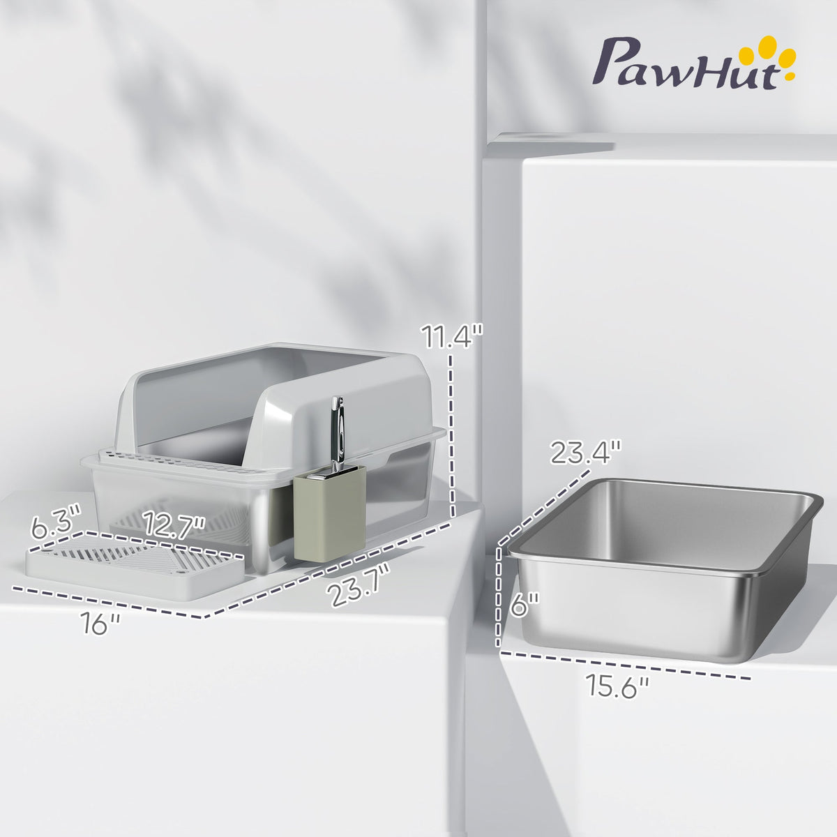 Stainless Steel Litter Box with Metal Scoop & Scoop Holder, High Sided, Anti-Urine Leakage, Non-Sticky