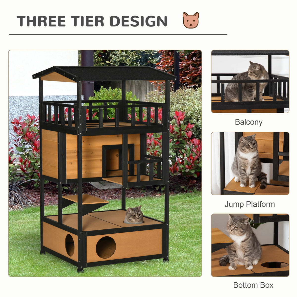 Wooden Outdoor Cat House, Feral Cat Shelter Kitten Condo with Asphalt Roof, Escape Doors, Condo, Jumping Platform, Yellow