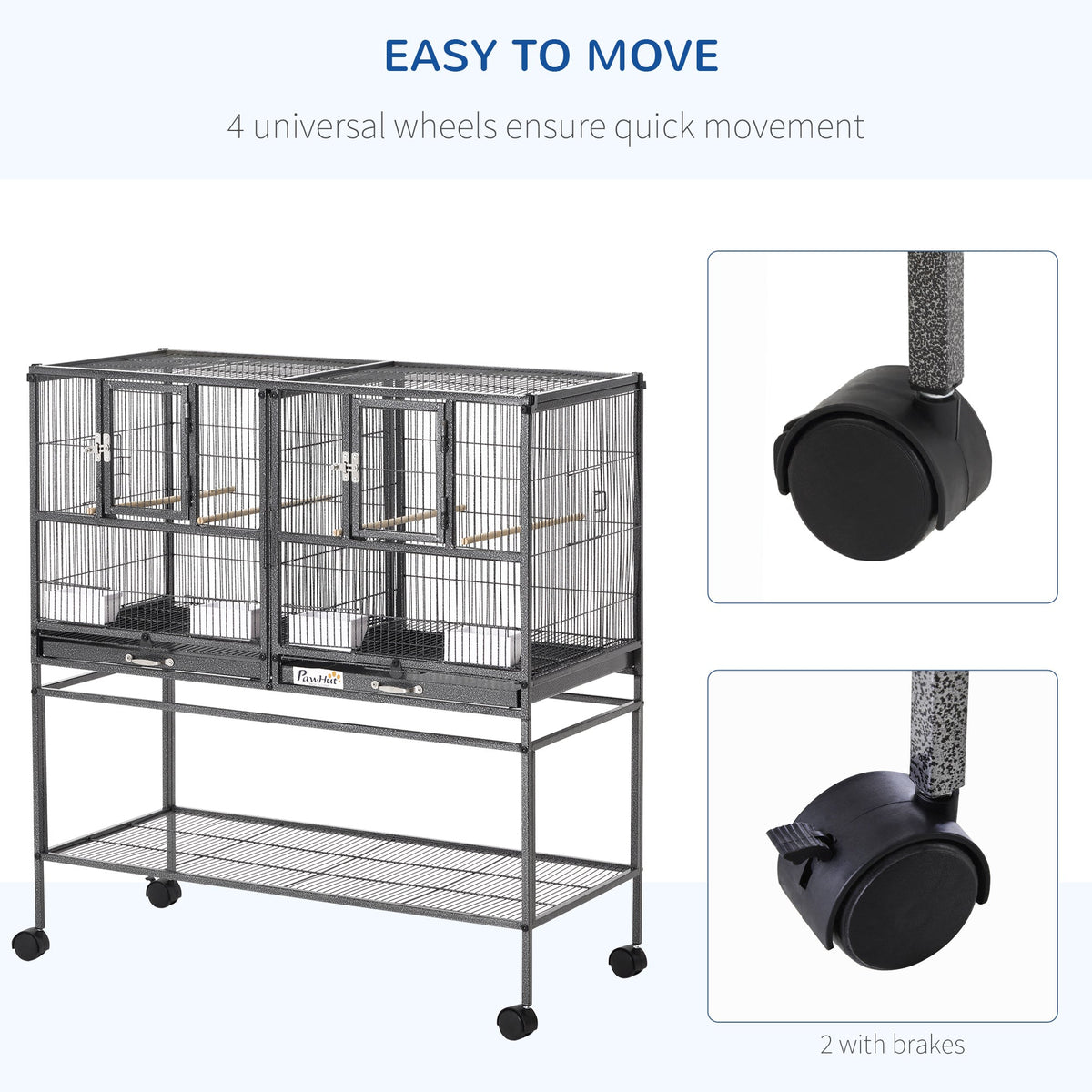 Divided Breeder Bird Cage with Rolling Stand Removable Metal Tray, Storage Shelf, Wood Perch, and Food Container