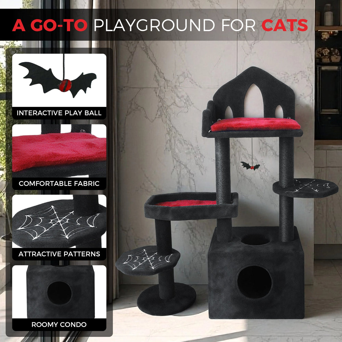 Black Gothic Cat Tree, Multi-Level Spooky Cat Tree with Scratching Posts, Perches, Hammock, and Cat Cave - Black Cat Tower for Indoor Cats with Interactive Toy, Perfect for Multiple Cats 44.5in