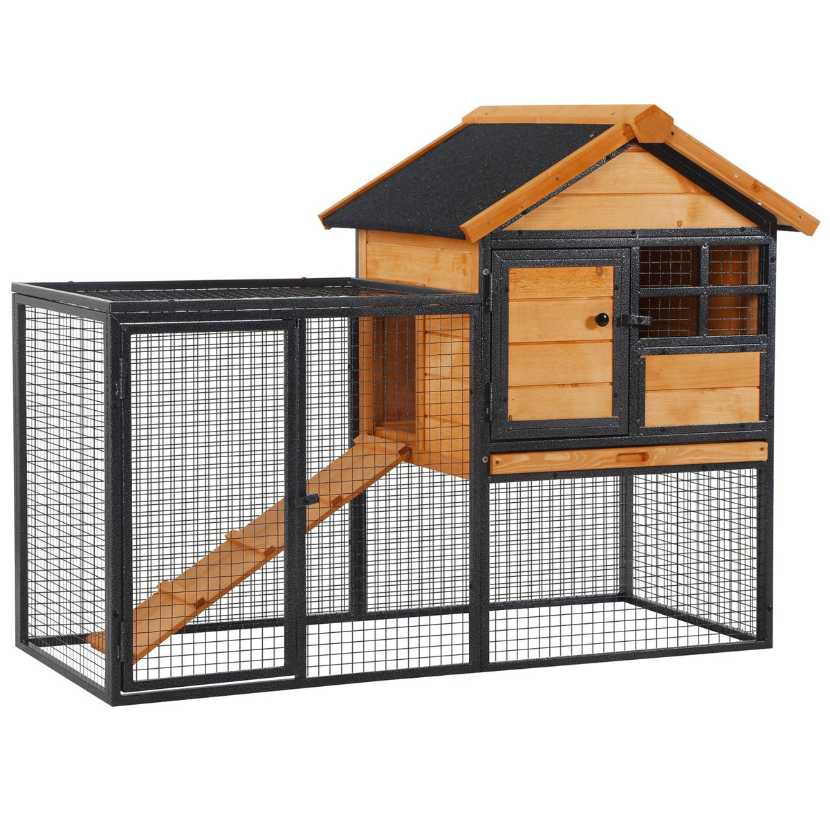 2-Level Rabbit Hutch Bunny Cage, Elevated Pet House With Weatherproof Hinged Asphalt Roof, Removable Tray & Ramp For Outdoor, Natural