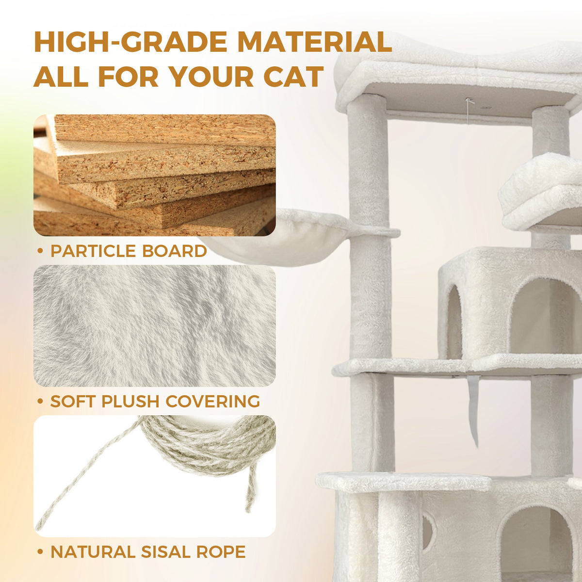 68in Tall Multi-Level Green Cat Tree with Hammocks, Hanging Basket, Cat Cave, Removeable Cushion, Scratching Posts - Plush Cat Tower for Indoor Cats, Perfect for Multiple Cats Beige