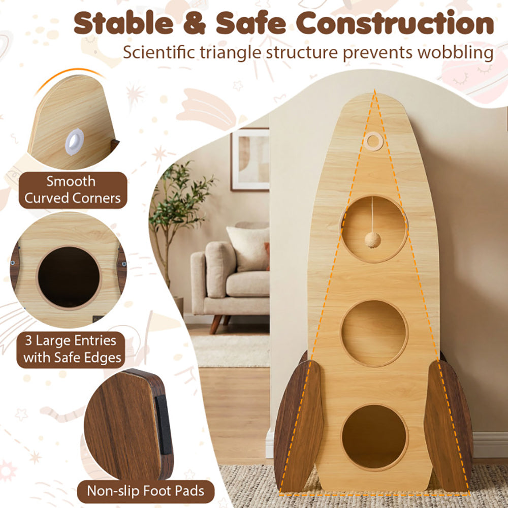Rocket Cat Tree 47 Inch Large Wooden Cat Tower For Indoor Cats Sisal Scratching Pad Detachable Scratching Mat