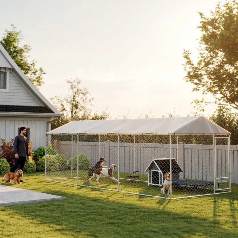 Dog Kennel Outdoor Dog Run Waterproof UV-Resist Cover Lockable Door Adjustable Bowls 20 X 7.5 X 6.5ft,Multiple Packages
