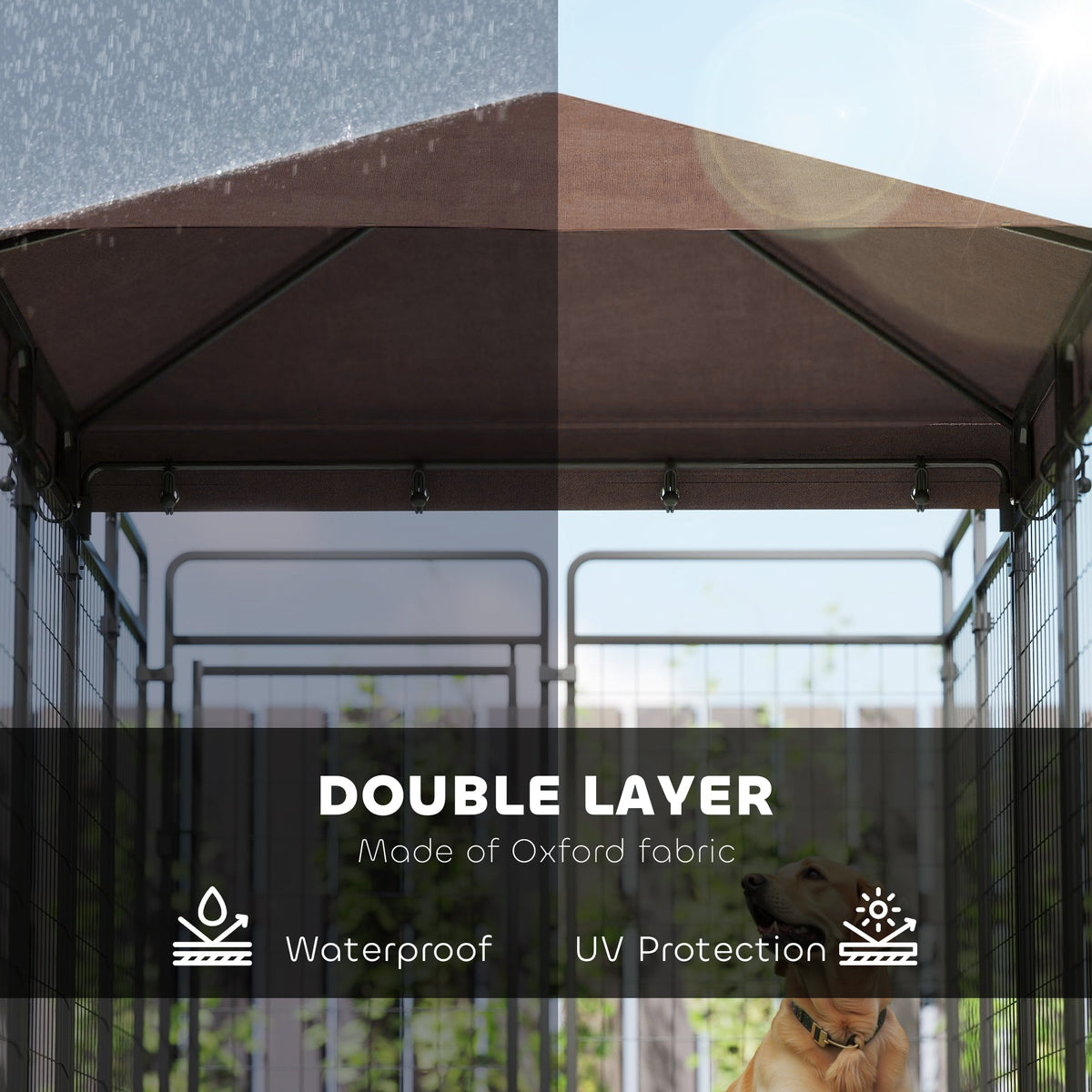 Dog Kennel Outdoor with Waterproof Canopy, Dog Run with Galvanized Chain Link, Secure Lock, for Backyard and Patio, Large and Medium Sized Breeds, Chickens, Ducks, 9.3 x 4.6 x 5.2