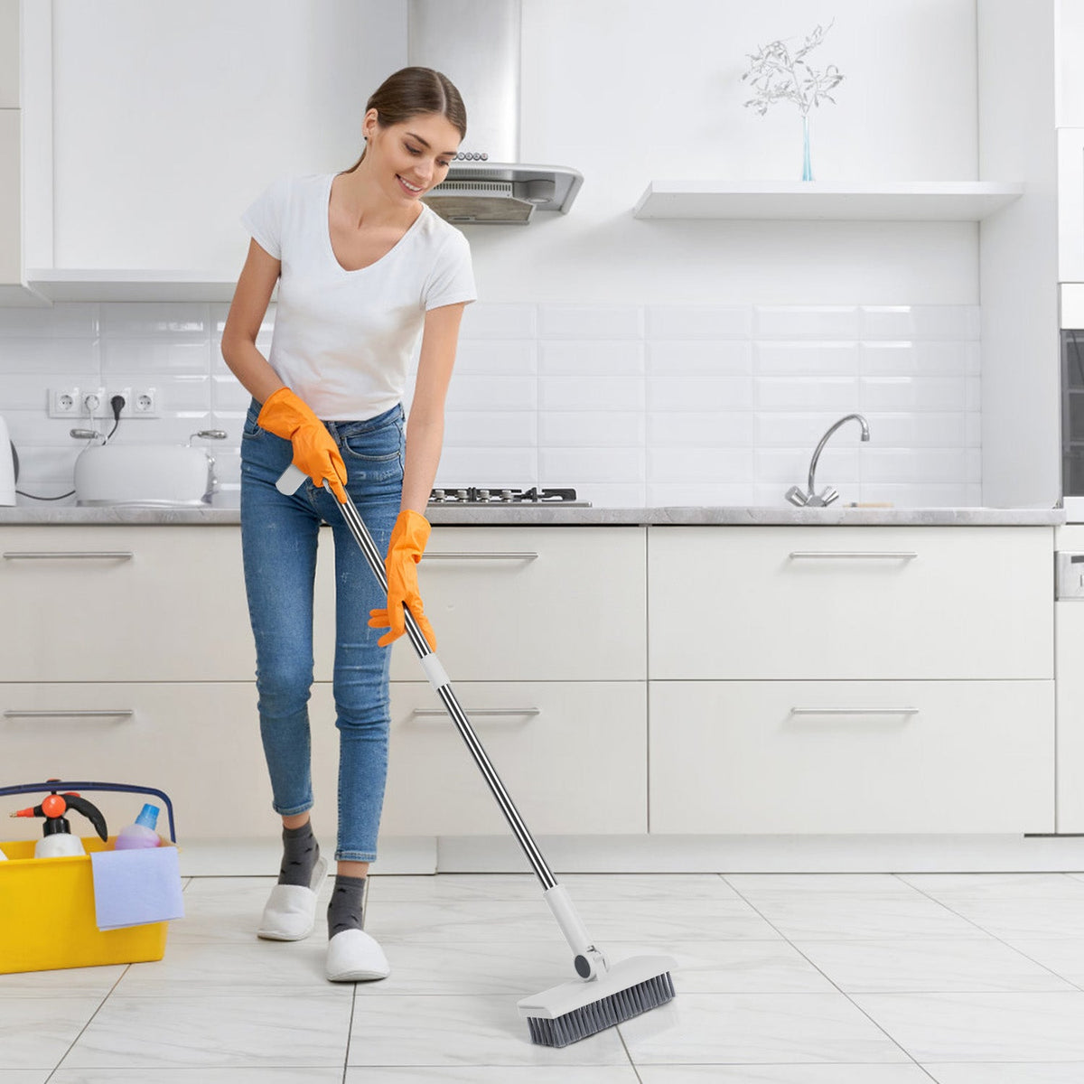 1Set Broom And Dustpan Combo Set With Squeegee Stainless Steel Handle 4 In 1 Upright Standing Broom And Dust Pan For Indoor Outdoor Garage Kitchen Room Office Sweeping
