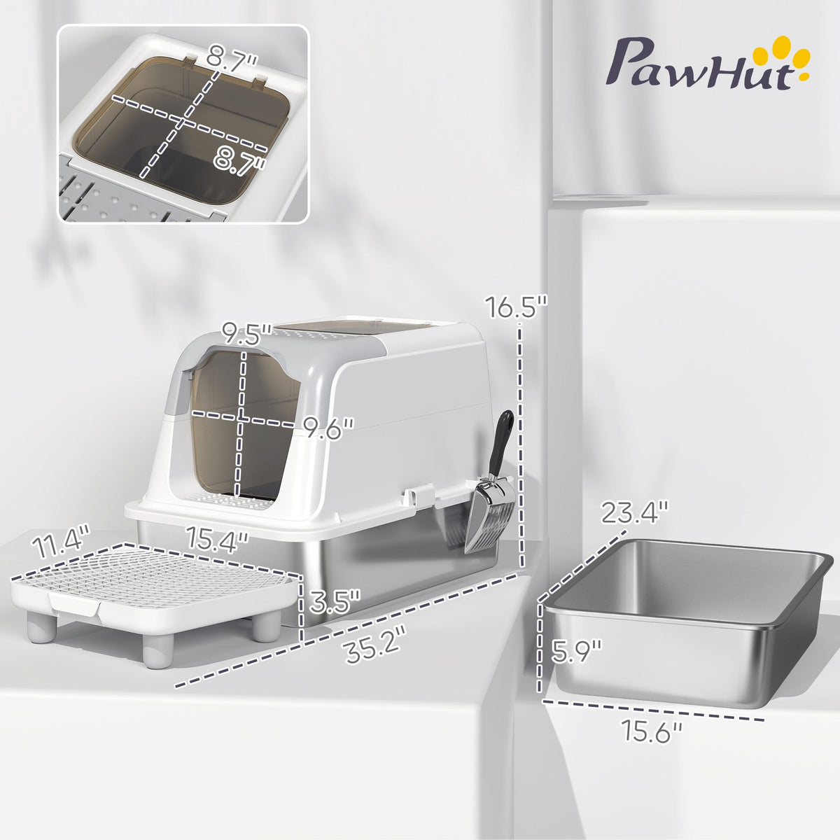 Extra Large Stainless Steel Litter Box, Enclosed Cat Litter Box with Scoop, Deodorizer Bag, Sand Drop Pedal