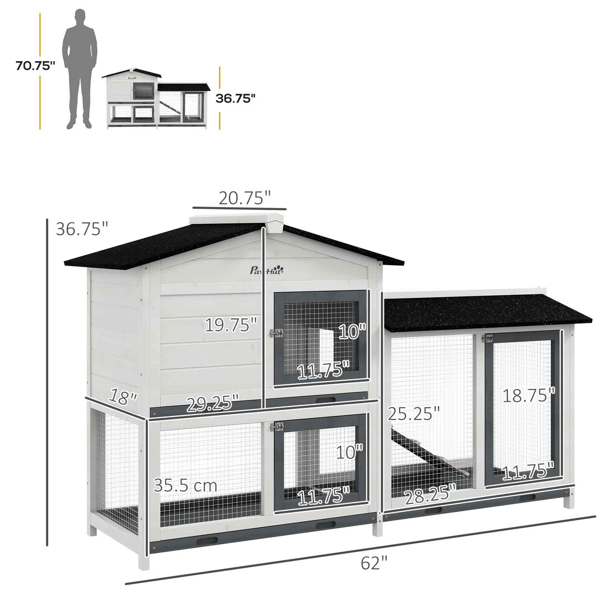 62" Rabbit Hutch, Wooden Bunny Hutch, Guinea Pig Cage, Small Animal Enclosure with Run Area, Removable Tray, Asphalt Roof, Lockable Doors and Ramp, for Rabbits, Chickens, Ducks, White