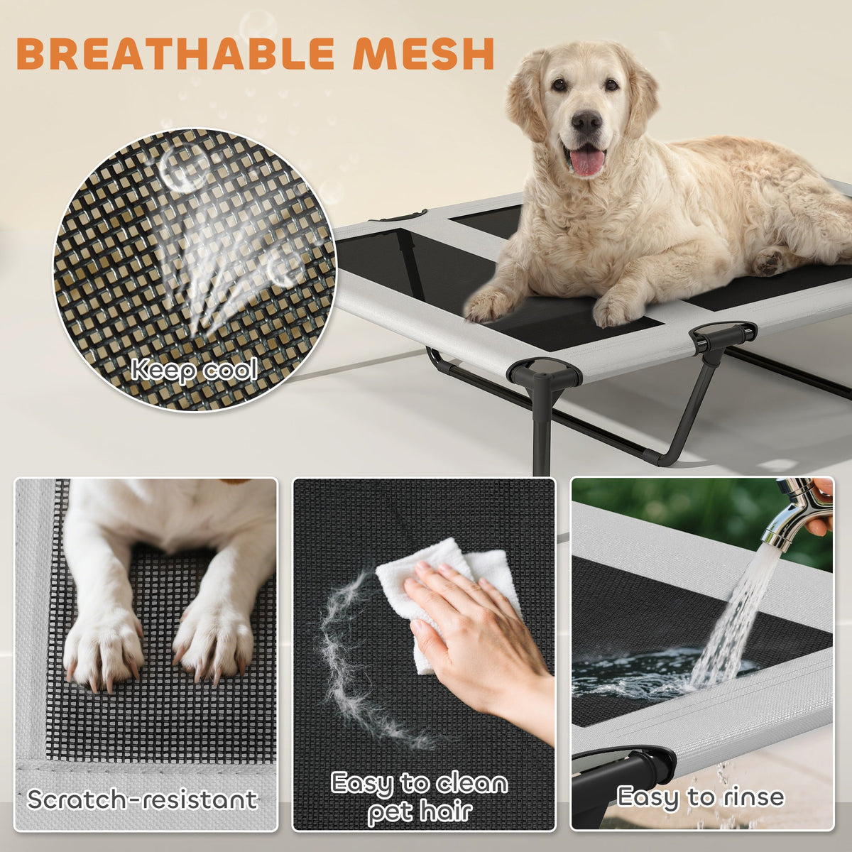 Elevated Dog Bed with Removable Canopy, Portable Outside Raised Pet Cot with Cooling Pad, Storage Bag, 42" x 30" x 37"