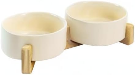 SPUNKYJUNKY Ceramic Dog and Cat Bowl Set with Wooden Stand, Modern Cute Weighted Food Water Set for Small Size Dogs (13.5OZ) & Medium Sized Dogs (28.7OZ) & Cats (1.7 Cups, 2 × Beige)