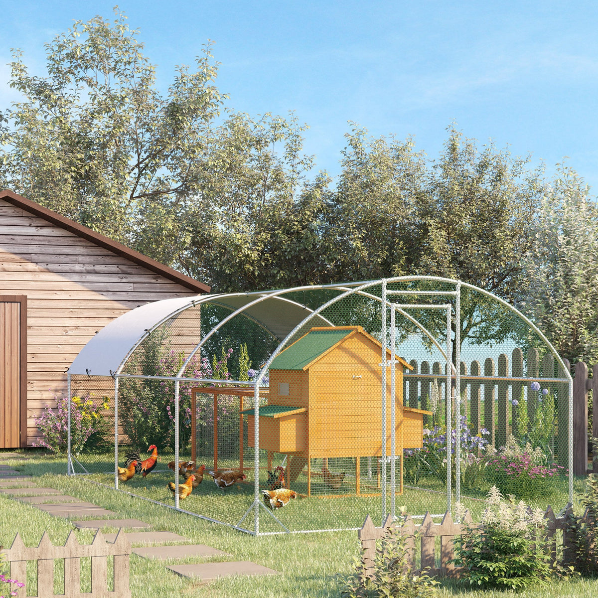 Large Chicken Coop Metal Chicken Run with Waterproof and Anti-UV Cover, Dome Shaped Walk-in Fence Cage Hen House for Outdoor and Yard Farm Use, 1" Tube Diameter, 9.2 x 18.7 x 6.5