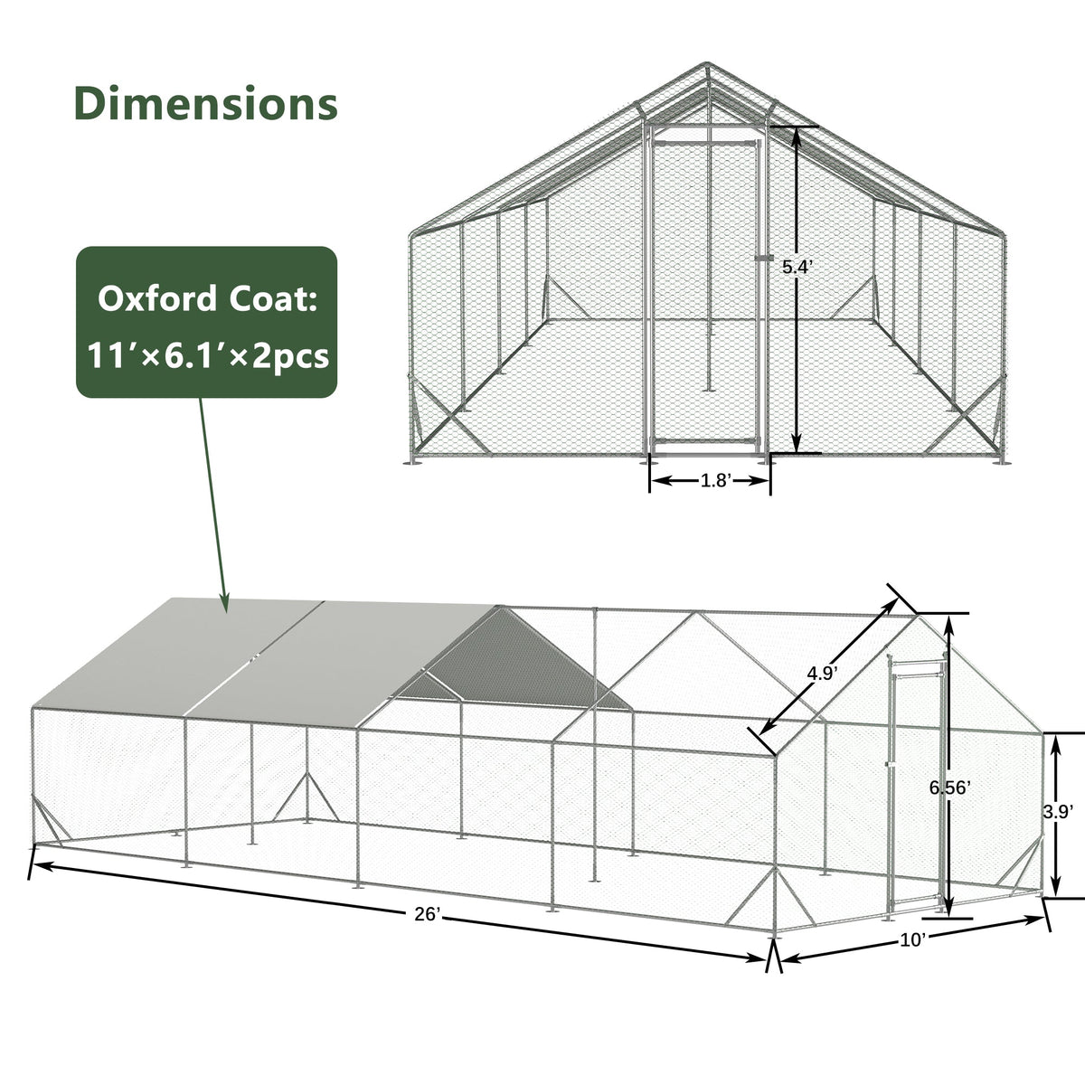 Large Metal Chicken Coop, Walk-in Chicken Run, Galvanized Wire Poultry Chicken Hen Pen Cage, Rabbits Duck Cages With Waterproof And Anti-Ultraviolet Cover For Outside
