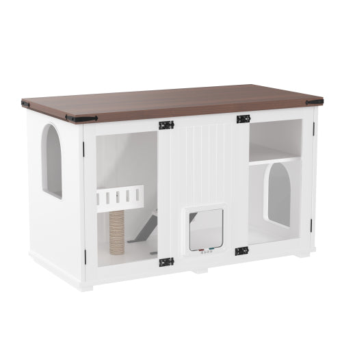47.25 Large Cat Litter Box Enclosure With LED Light, Hidden Litter Box Furniture, Cat House With Stairs And Cat Scratching Post, Cat Cabinet Side Table With Smart Doors For Living Room, White