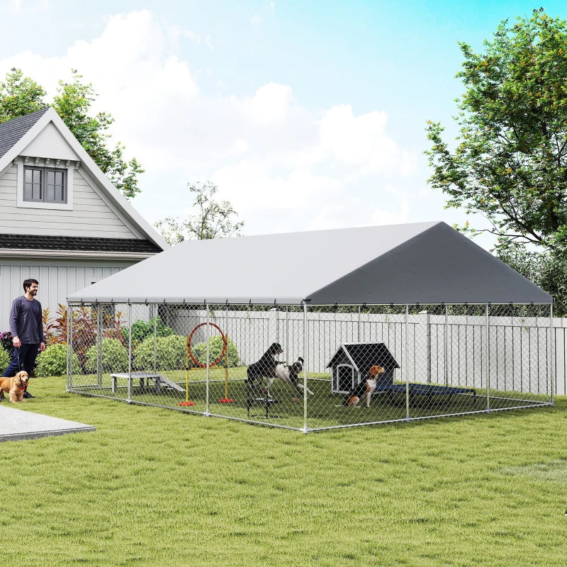 Heavy Duty Outdoor Dog Kennel With Waterproof Roof, 2 Secure Latches, Chain Link Dog Run For Backyard, 20' X 15' X 8',Multiple Packages