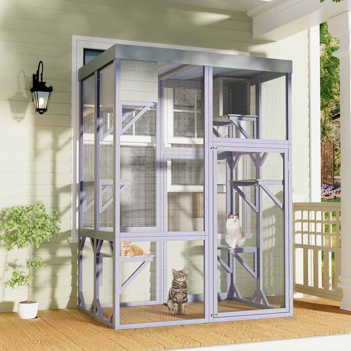 Outdoor Wooden Catio Multi-functional Cat Enclosure, 4 Platforms & 2 Napping Houses, 2 Strong Locks, Rounded Corner, Stepped design,Galvanized Wire