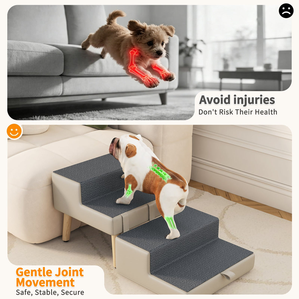 4-Step Ottoman Dog Stairs, 2-in-1 Foldable Pet Ramp for Bed,  Dog Ramp for Small Puppy and Cats, Sturdy Wood Frame Support with Non-slip walking surface, Holds Up To 220lbs ( Light Grey Color )