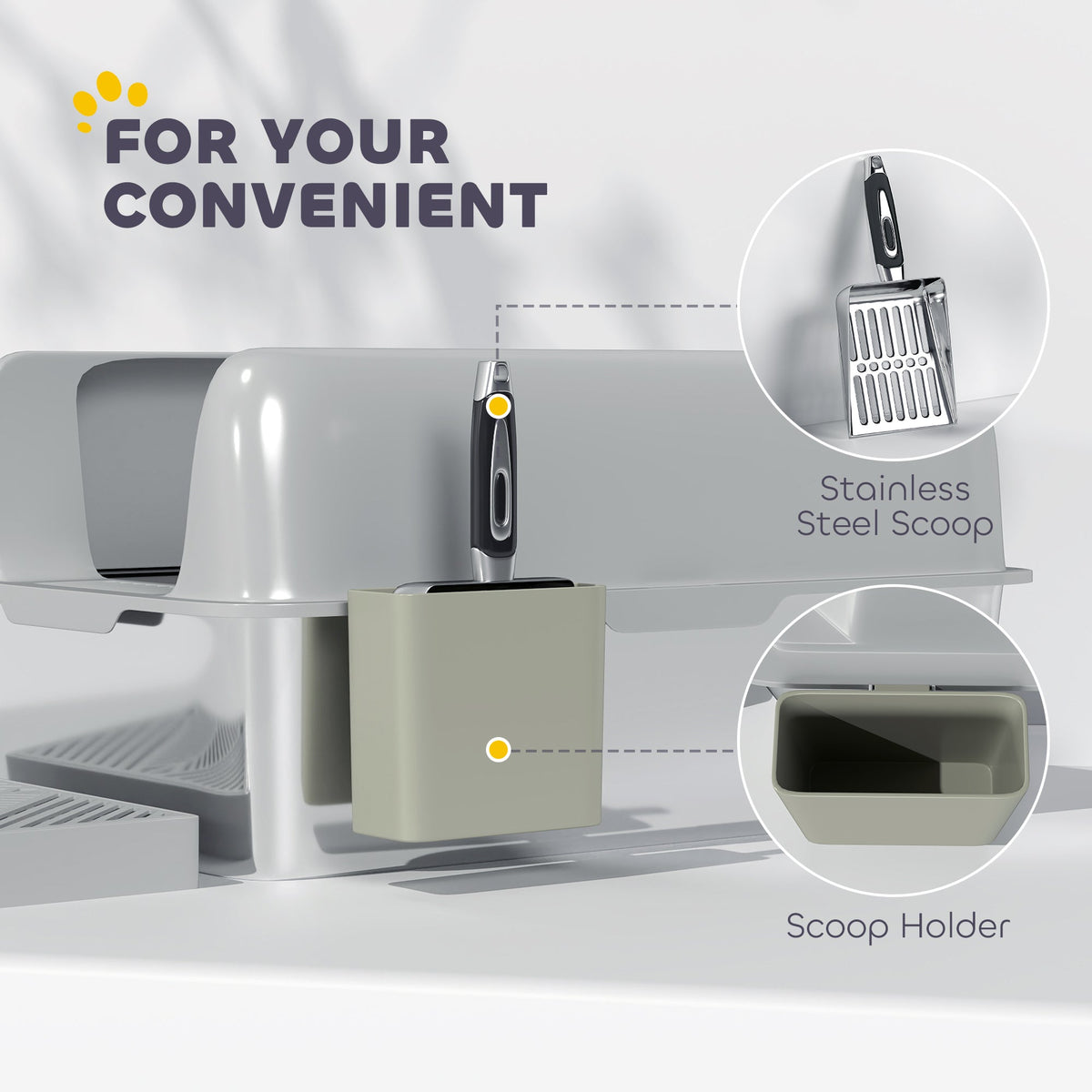 High Sided Stainless Steel Litter Box with Metal Scoop & Scoop Holder, for Easy Clean& Anti-Urine Leakage, Light Gray
