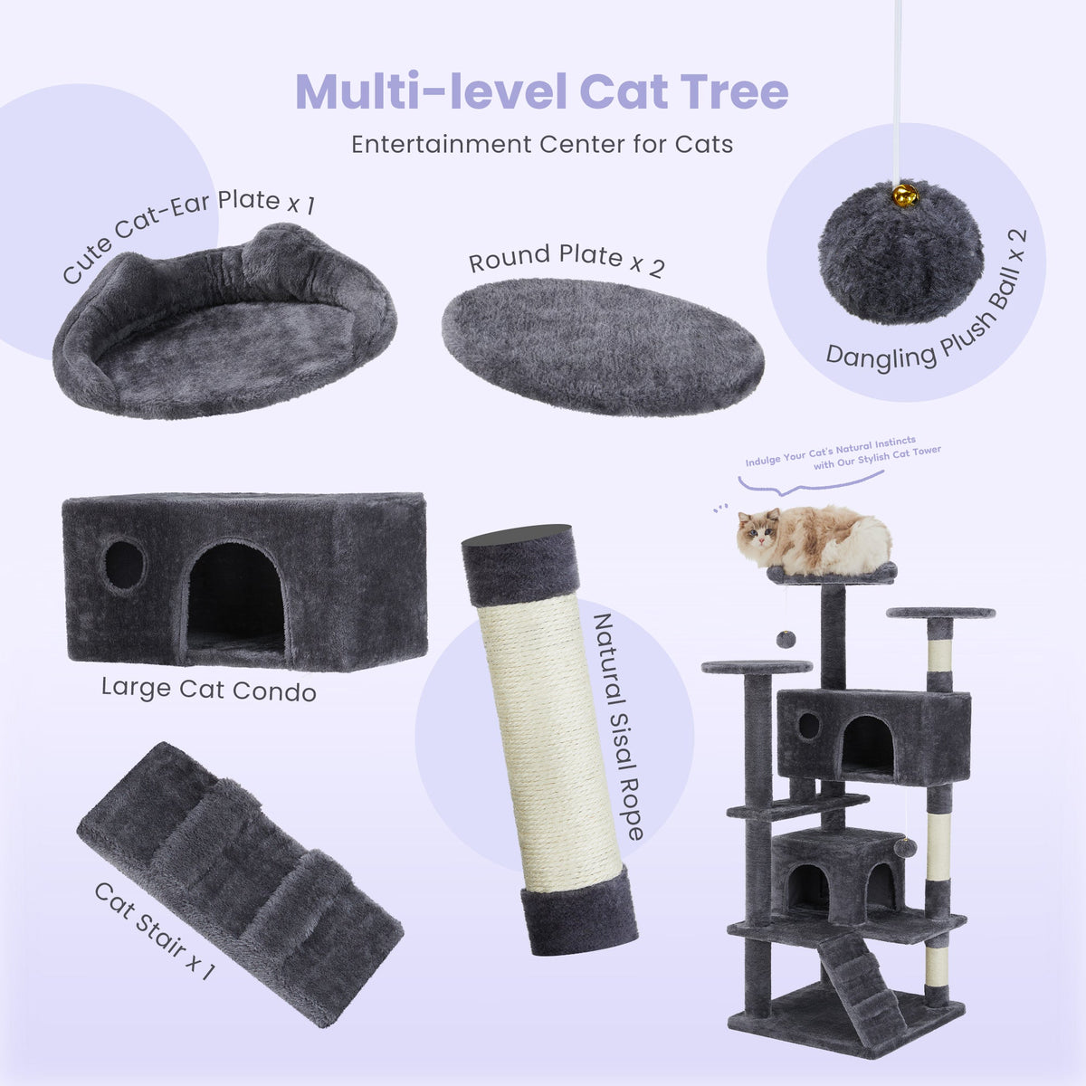 Large Cat Tree Tower, 62-70-80 Cat Tree  Large Cats, Multi Level With Scratching Post, Cozy Cat Jumping Platform Space, Grey
