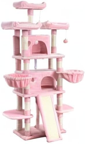 SHA CERLIN 68 Inches Multi-Level Large Cat Tree for Large Kitties/Big Cat Tower with Condo/Cozy Plush ‌Pussycat Perches/Sisal Scratching Posts and Hammocks/Activity Center/Pink
