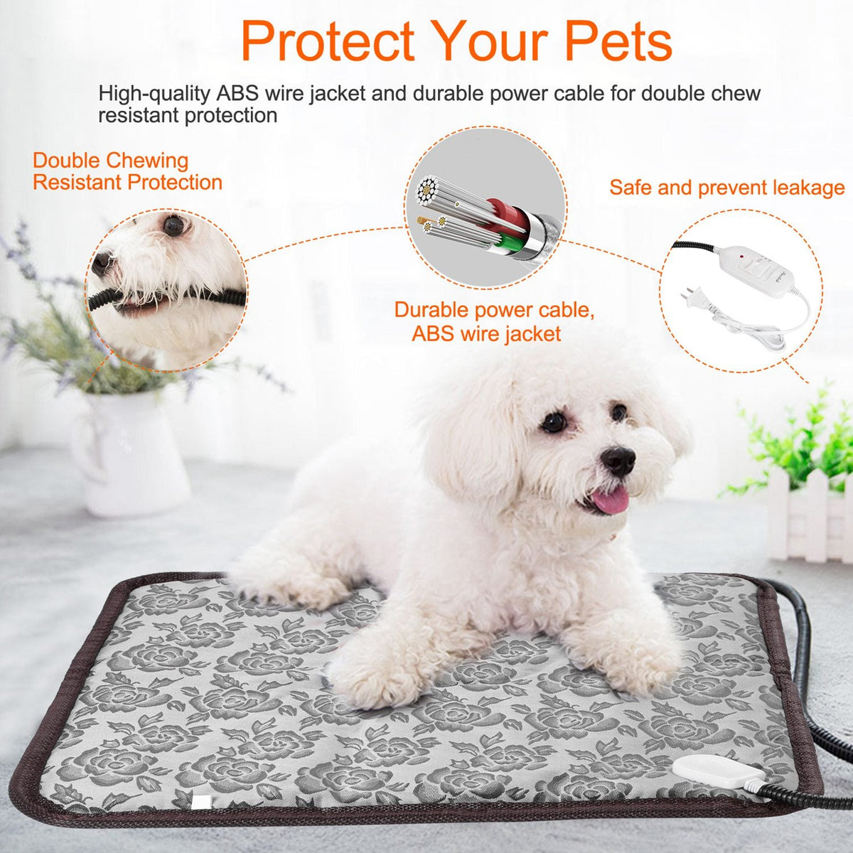 1Pc Pet Heating Pad Dog Cat Electric Heating Mat Waterproof Adjustable Warming Blanket With Chew Resistant Steel Cord Case