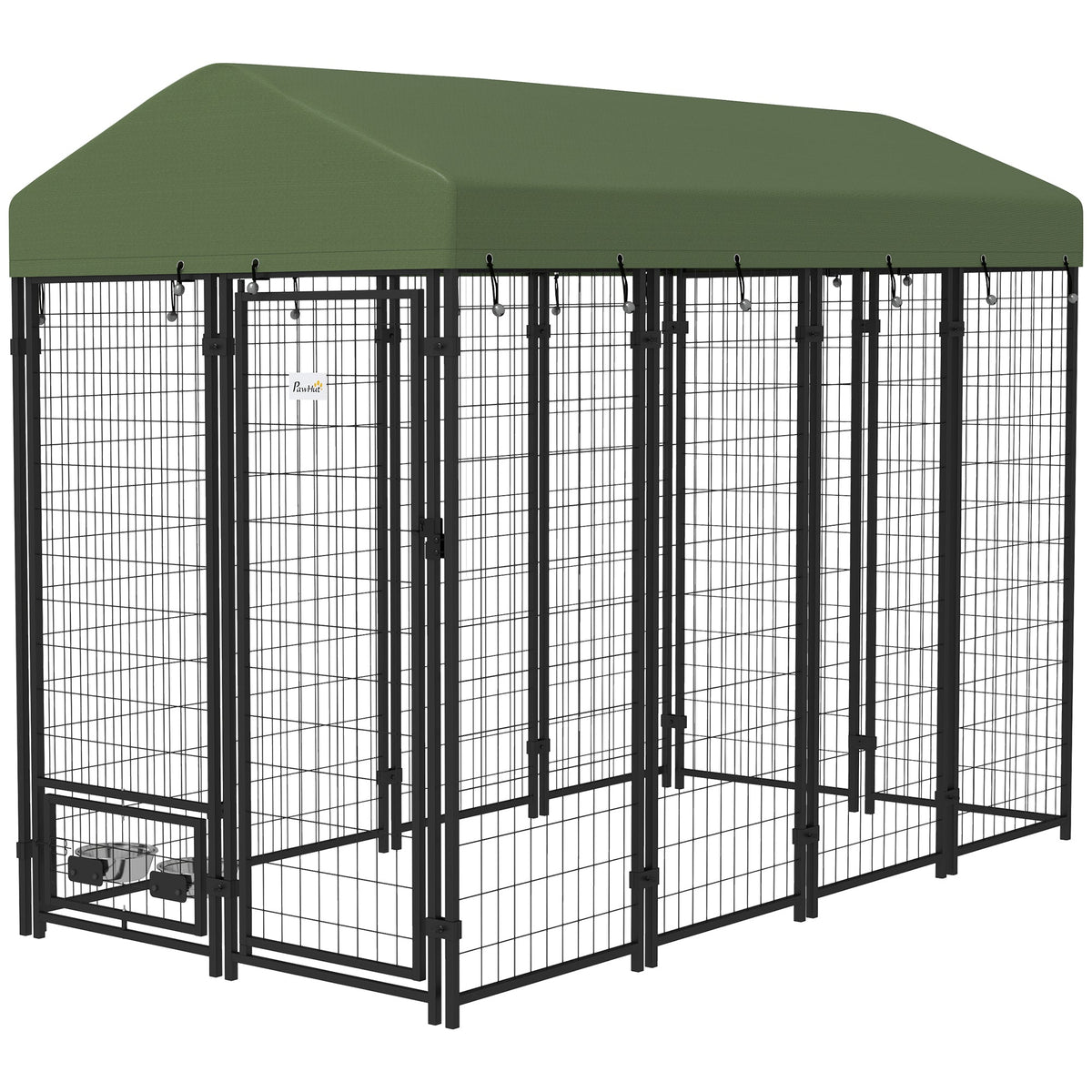 Outdoor Dog Kennel with Rotating Bowl Holders, Pet Playpen with Waterproof Cover, 8 x 4 x 6, Green