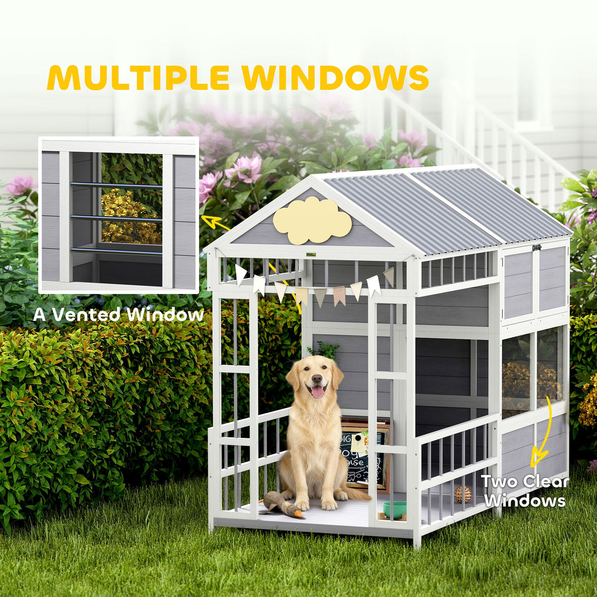 79"L Large Dog House Outdoor, Wooden Dog Kennel with Porch, Storage Cabinet,Weatherproof Roof, Windows