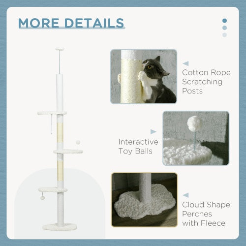 PawHut Floor To Ceiling Cat Tree With Scratching Posts, 88.5-100.5 Adjustable Height, Cat Climbing Tower With Cloud Shape Platforms, Toy Balls, Anti-toppling Device, White