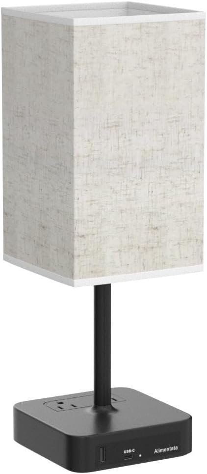 Touch Control Bedside Table Lamp with USB C & USB A Charging Port and 2 AC Outlet, Minimalist LED Desk Light with Charger Base Brown Fabric Shade for Bedroom/Nightstand/Office