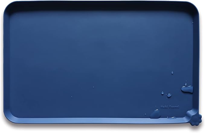 Hoki Found X-Large Silicone Pet Food Mats - Non Slip Dog Cat Bowl Placemats - Waterproof Dog Cat Food Mats - Suitable for Carpet - Indigo Ink