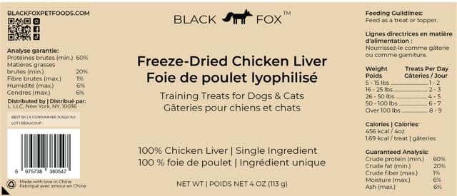 BLACK FOX Freeze-Dried Chicken Liver Training Treats for Dogs and Cats | 270 Treats, 4oz Single Ingredient, Raw, Healthy, All Natural, Human Grade, Recyclable Packaging
