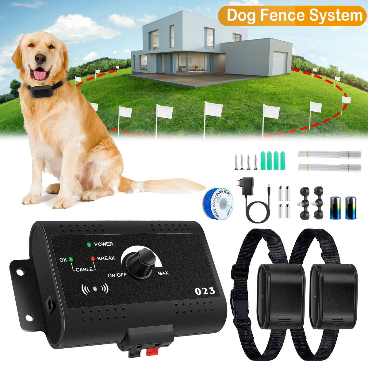 1Set Electric Dog Fence System Pet Tone Shock Boundary Containment Water Resistant Collar Receiver For Small Medium Large Dog