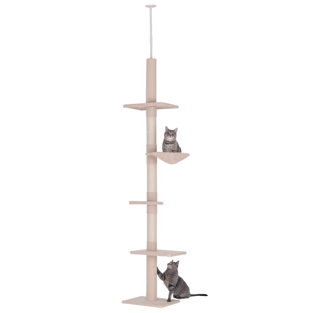102" Adjustable Height Floor to Ceiling Cat Tree, 5 Level Cat Tower with Scratching Posts, Hammock, Beige