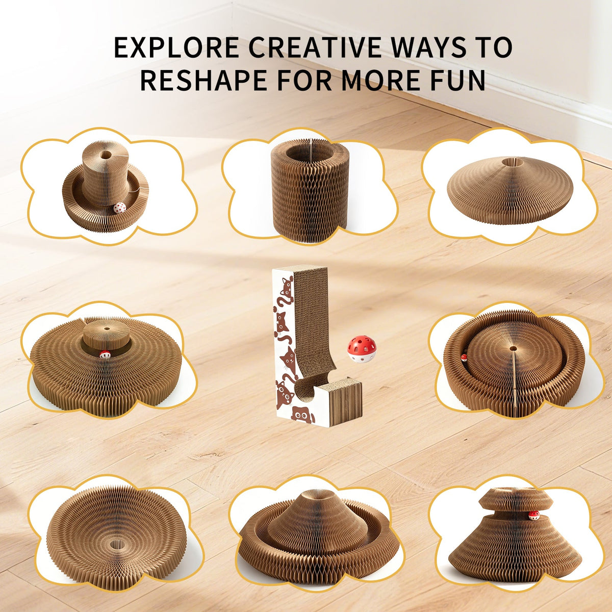 Multi-form Foldable Magic Organ Cat Scratcher Corrugated Cardboard Scratch Board Interactive Cat Toy With Rolling Bell Ball Indoor Kitten Grinding Claw Furniture