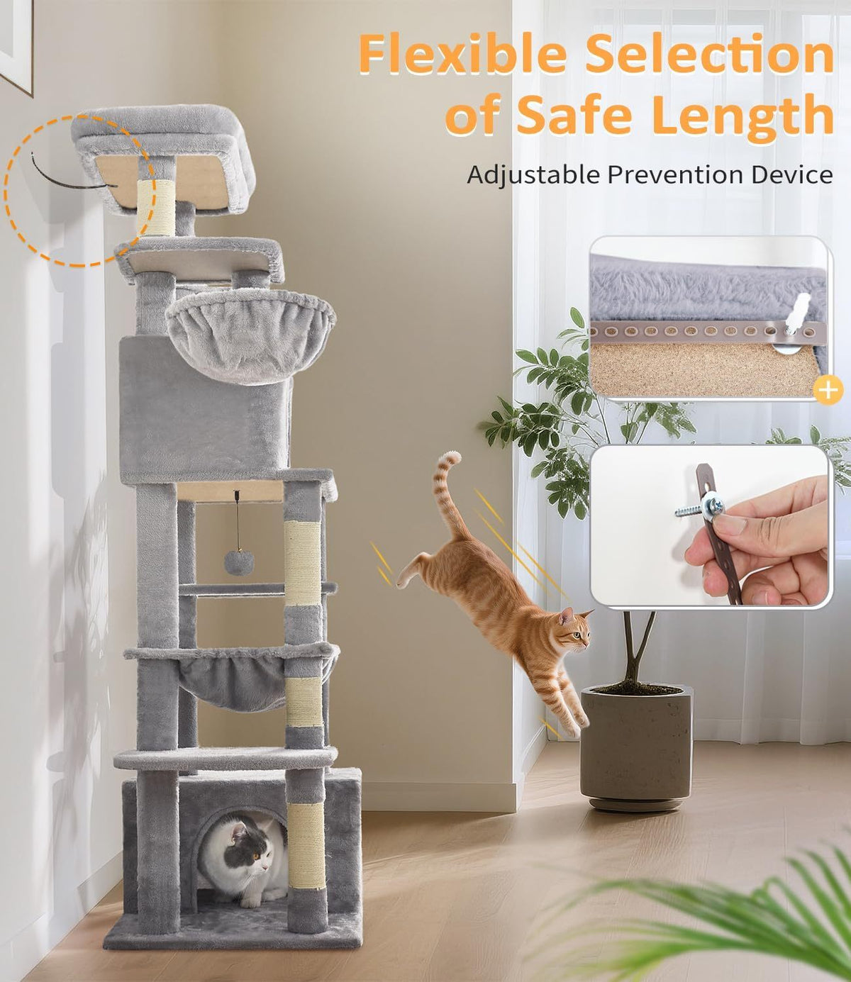 ABCPET Large Cat Tree, Cat Tower, Multi-Tier, Indoor Cat, Sisal Scratching Post, Widened Cat Perching Post, Square Hammock, Widened Cat House, Light Gray,Self-pickup Only