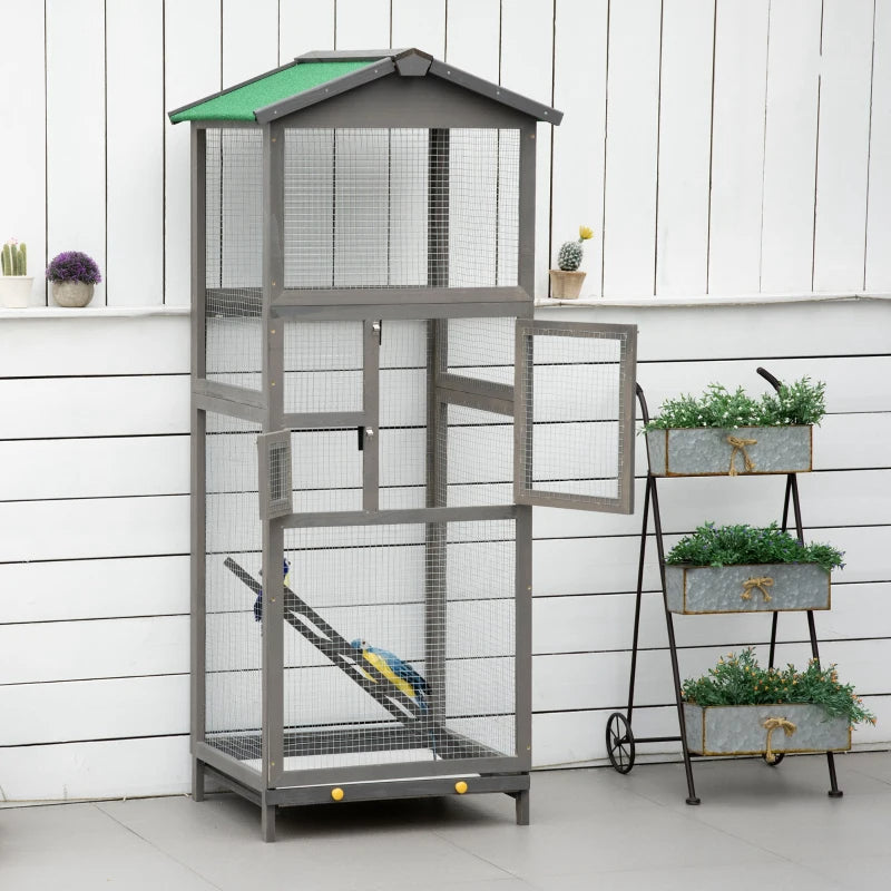 Wooden Bird Cage Outdoor Aviary House For Parrot, Parakeet, With Pull Out Tray And 2 Doors, Grey