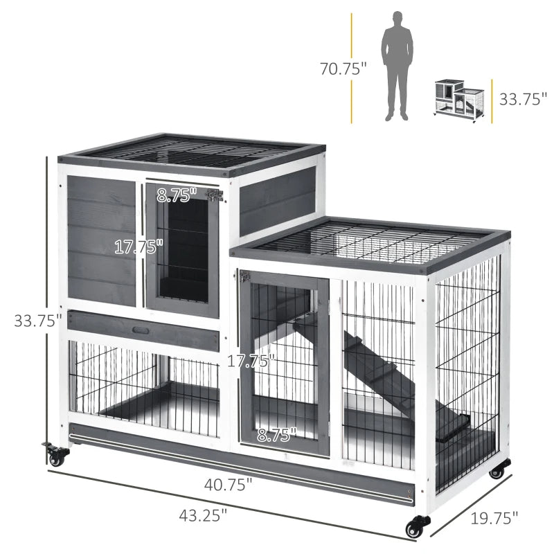 Wooden Rabbit Hutch Elevated Bunny Cage Indoor Small Animal Habitat With Enclosed Run With Wheels, Ramp, Removable Tray For Rabbits, Chickens, Ducks, Guinea Pigs, Gray