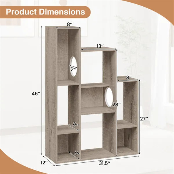 Cat Bookshelf Cabinet (Gray Oak), 8 Organized Storage Sections & Multiple Climbing Platforms