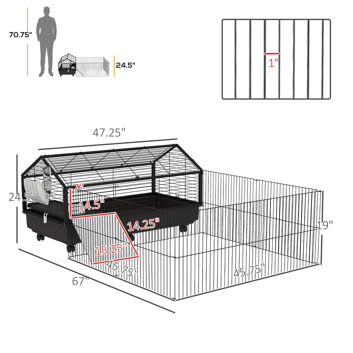 Small Animal Playpen Cage with Rolling Caster, Water Bottle 46.5"