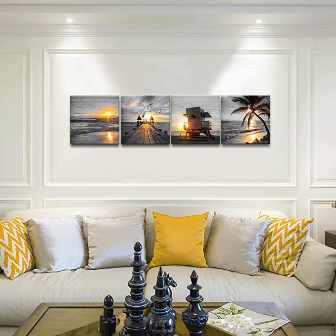 Yxbhhym- Bathroom Wall Art Black and White Gold Beach Wall Art Ocean Canvas Print Sunrise Sunset Seascape Scenery Painting Poster Framed Picture Bedroom Wall Decor Living Room Office Wall Decoration