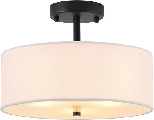 12.6" Semi Flush Mount Ceiling Light Fixture, 3-Light Black Drum Flush Mount Light Fixtures with White Fabric Shade, Modern Close to Ceiling Lights for Living Room Bedroom Hallway Entryway Foyer