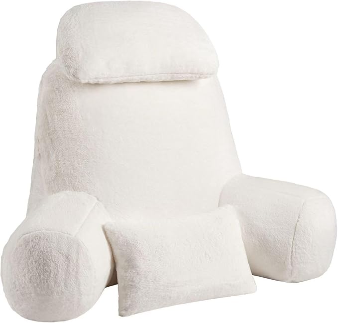 NOONTIDE Reading Pillow for Sitting up in Bed and Couch,32" X-Large Back Pillow for Adult & Teens with Soft Adjustable Neck Roll Backrest Pillow,Washable Cover,Watching TV/Gaming/Relaxing(FurryWhite)