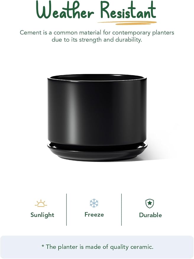 LE TAUCI 12 Inch Pots for Plants, Ceramic Plant Pots with Drainage Holes and Saucers, Elegant and Durable Large Plant Pot, Perfect for Home & Office Decor, Black
