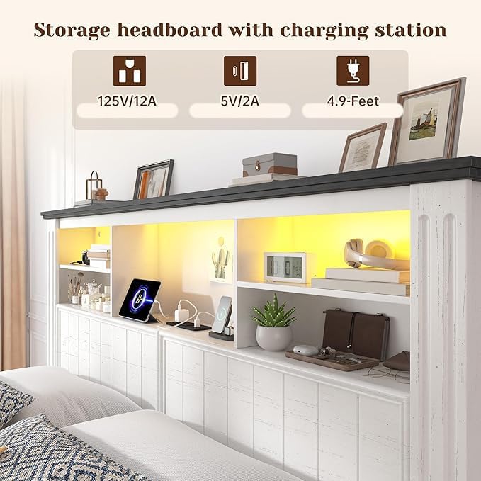 EnHomee Full Size Bed Frame with Headboard and Storage, 4 Drawers and LED Built in Charging Station Full Bed Frame with Storage Farmhouse,NO Noise,No Box Spring Needed,White