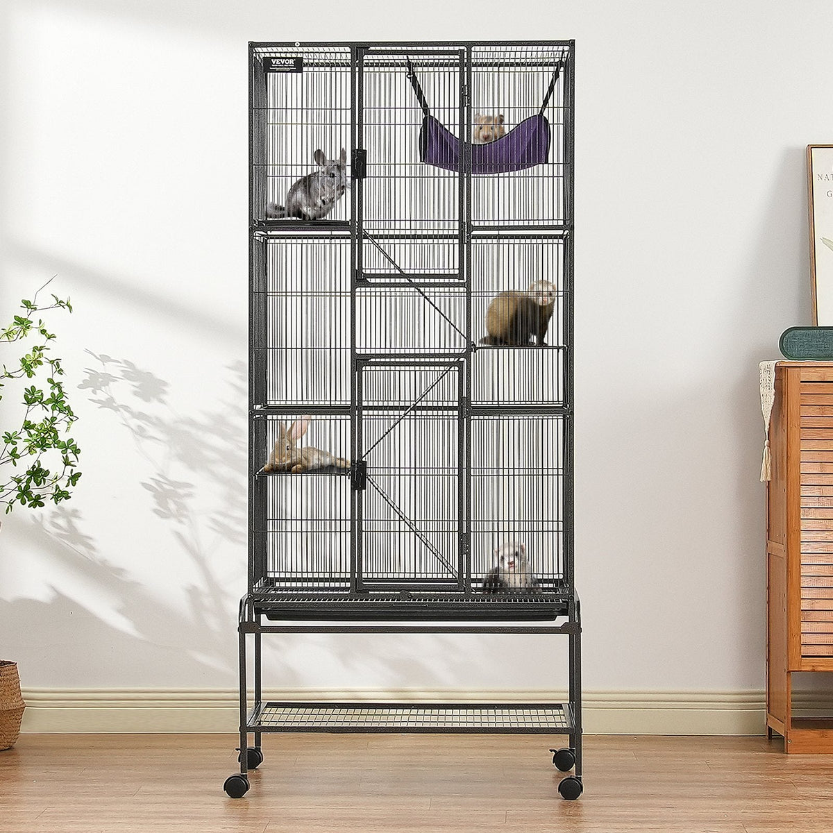 69' Metal Small Animal Cage 4-Tier Rolling Ferret Cage With Tray 3 Ramps