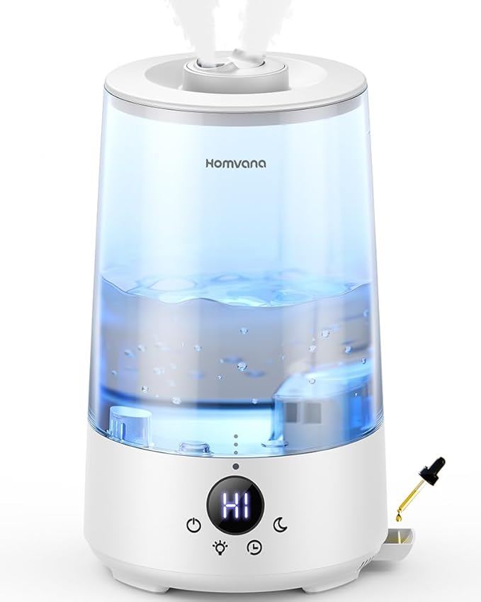 Homvana Humidifiers for Bedroom Home, 3.6 L Cool Mist Top-Fill 34H Super Long Time, Quiet 23dB, Baby Humidifier, Oil Diffuser for Large Room, House, Plant, Nursery, BPA FREE, Ultrasonic (Transparent)