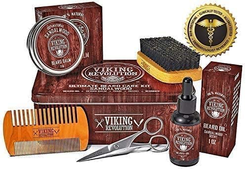 Viking Revolution Ultimate Beard Kit - Sandalwood, 5 Pcs with Metal Box | Complete Multi-Piece Men's Gift Box - Features Boar Brush, Wood Comb, Sandalwood Balm & Oil, Scissors for Beard & Mustache