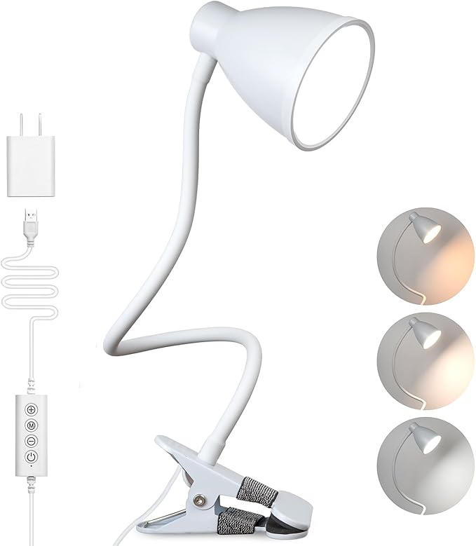 BOHON Clamp Lamp Reading Light 5 Color Modes 10 Brightness Dimmer Bedside Lamp 10W 38 LED Desk Lamp with Auto Off Timer 360° Flexible Gooseneck Clip on Light for Bed Office, Adapter Include, White