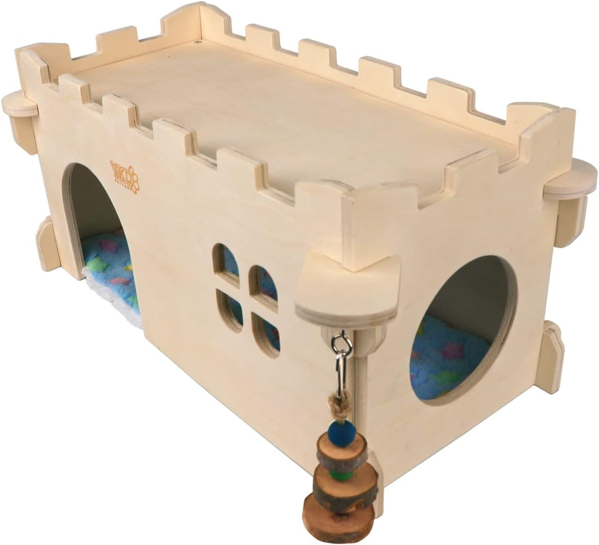 Castle Chinchilla House - Small Animal Hideout for Chinchilla Guinea Pig Hedgehog, or Rat - Ventilated Wooden Guinea Pig Hut Habitat with Multiple Doors (Large)
