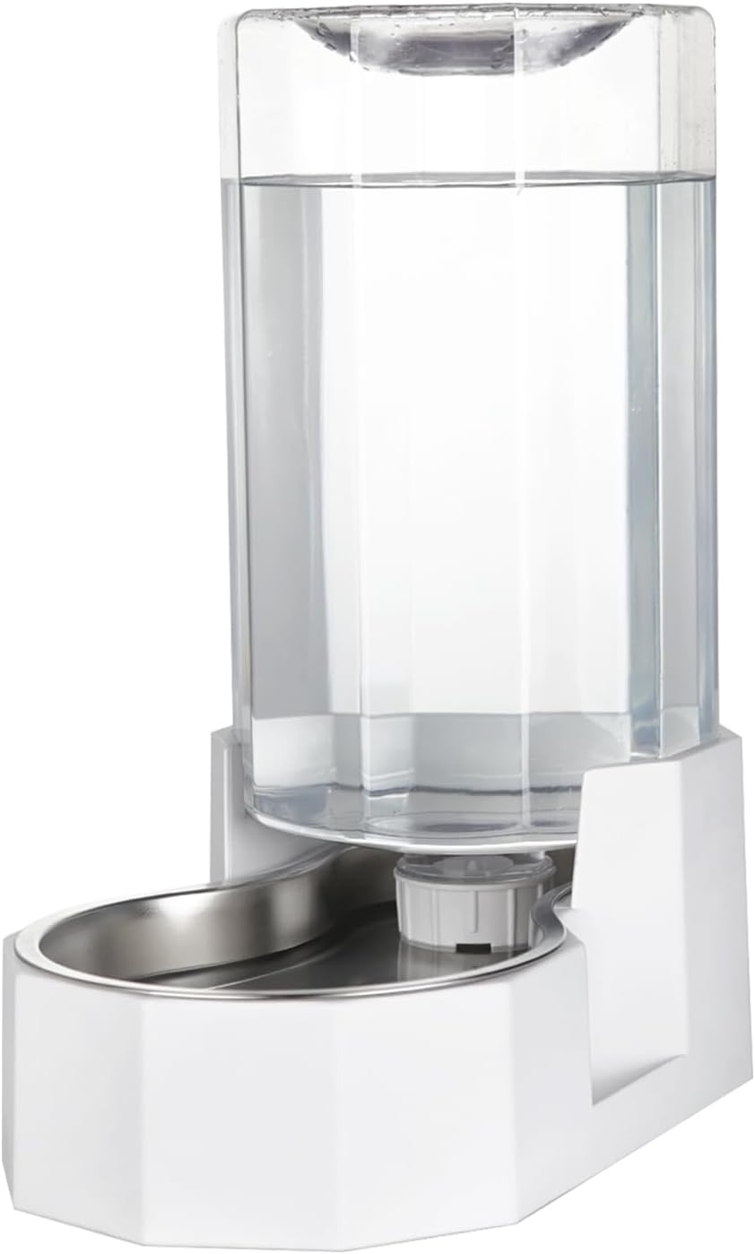 Sfozstra Large Dog Water Dispenser: 8L Automatic White Water Feeder with Stainless Steel Bowl - Without Filter - Gravity Design for Multiple Pets Indoor/Outdoor