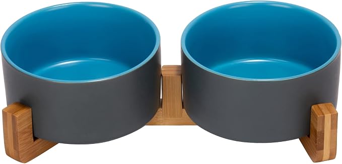 SPUNKYJUNKY Ceramic Dog and Cat Bowl Set with Wooden Stand, Modern Cute Weighted Food Water Set for Small Size Dogs (13.5OZ) & Medium Sized Dogs (28.7OZ) & Cats (3.6 Cups, 2 × Blue-Grey)